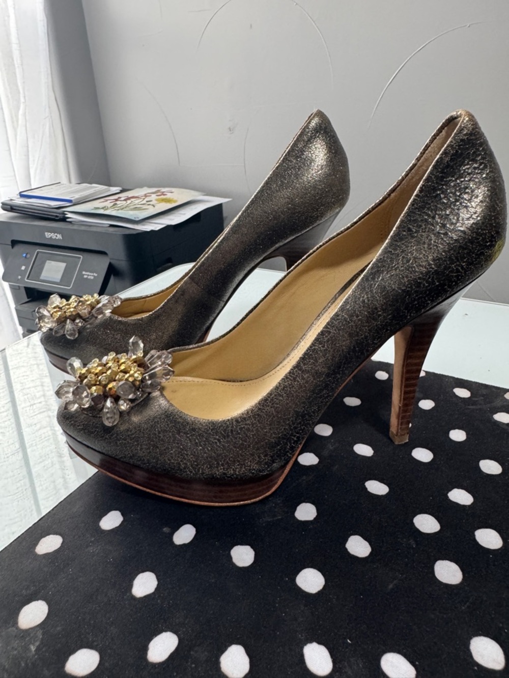 Coach Metallic Gold Charcoal Jeweled Platform Pumps